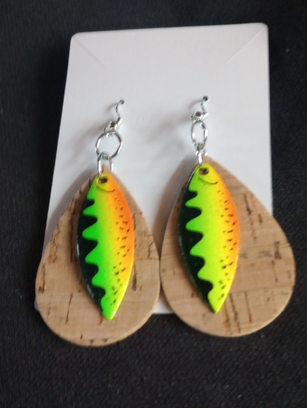 Hand Crafted Neon Green Orange & Black Teardrop Cork Earrings